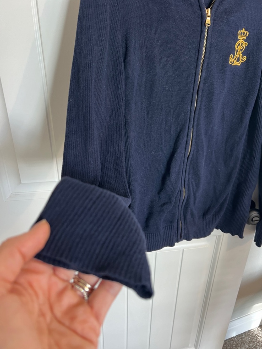 Lauren Ralph Lauren Navy Knit Cardigan with Gold Crest & Gold Zipper size XL - Picture 2 of 8